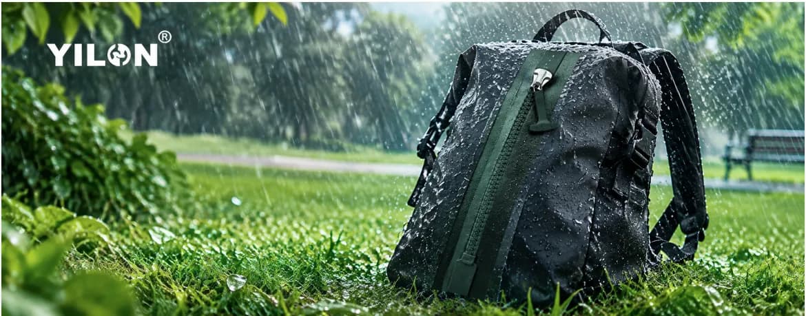 A backpack on wet grass in the rain, with a close-up of its TPU airtight zipper in a circular inset